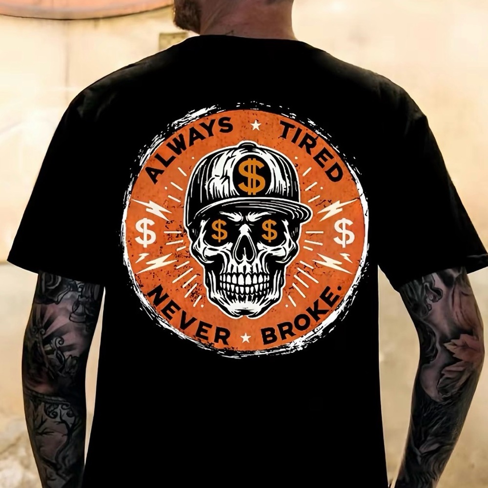 Always Tired Never Broke Skull Graphic Tee - Black & Orange